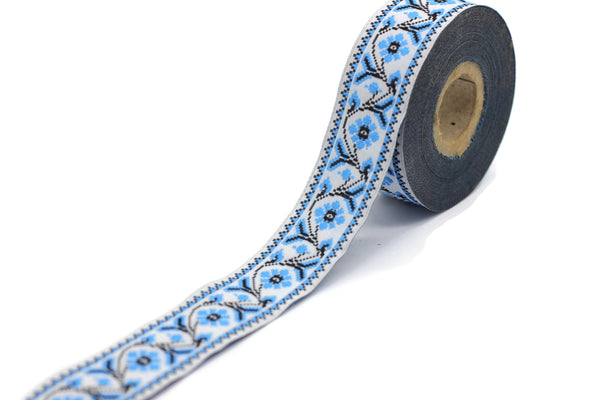 25 mm Blue/White  Flower Ribbon  (0.98 inches), Flower trim,  jacquard trim, fabric wide trims, craft supplies, vintage trim, 25988