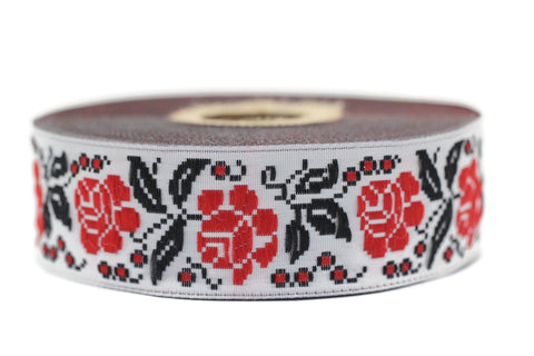 25 mm Red/White Rose Ribbon (0.98 inch, Geometric trim, jacquard trim, fabric trims, craft supplies, vintage trim, Jacquard ribbons, 25987
