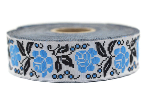 25 mm Blue/White Rose Ribbon (0.98 inch, Geometric trim, jacquard trim, fabric trims, craft supplies, vintage trim, Jacquard ribbons, 25987