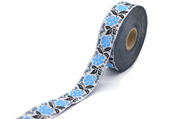 25 mm Blue/White Rose Ribbon (0.98 inch, Geometric trim, jacquard trim, fabric trims, craft supplies, vintage trim, Jacquard ribbons, 25987