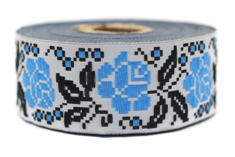 35 mm Blue/White Rose Ribbon (1.37 inch, Geometric trim, jacquard trim, fabric trims, craft supplies, vintage trim, Jacquard ribbons, 35987