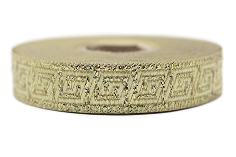 16 mm Golden Jacquard ribbons (0.62 inches, Greek key Jacquard trim, Sewing trim, woven ribbons, dog collars, decorative ribbon, 16062