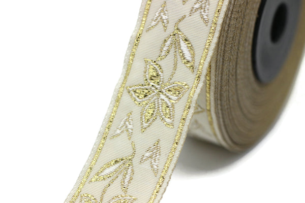 22 mm Gold Floral Jacquard ribbons (0.86 inches), Elegance Jacquard trim, Sewing trim, woven ribbons, dog collars, decorative ribbon, 22077