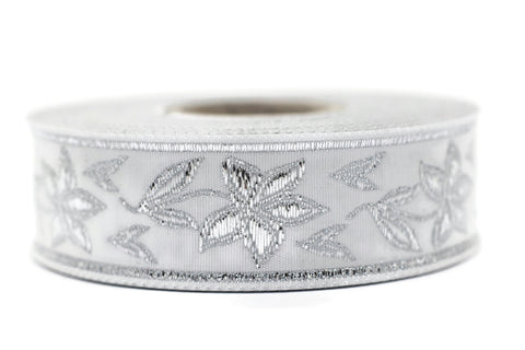 22 mm Silver Floral Jacquard ribbons (0.86 inches) Elegance Jacquard trim, Sewing trim, woven ribbons, dog collars, decorative ribbon, 22077