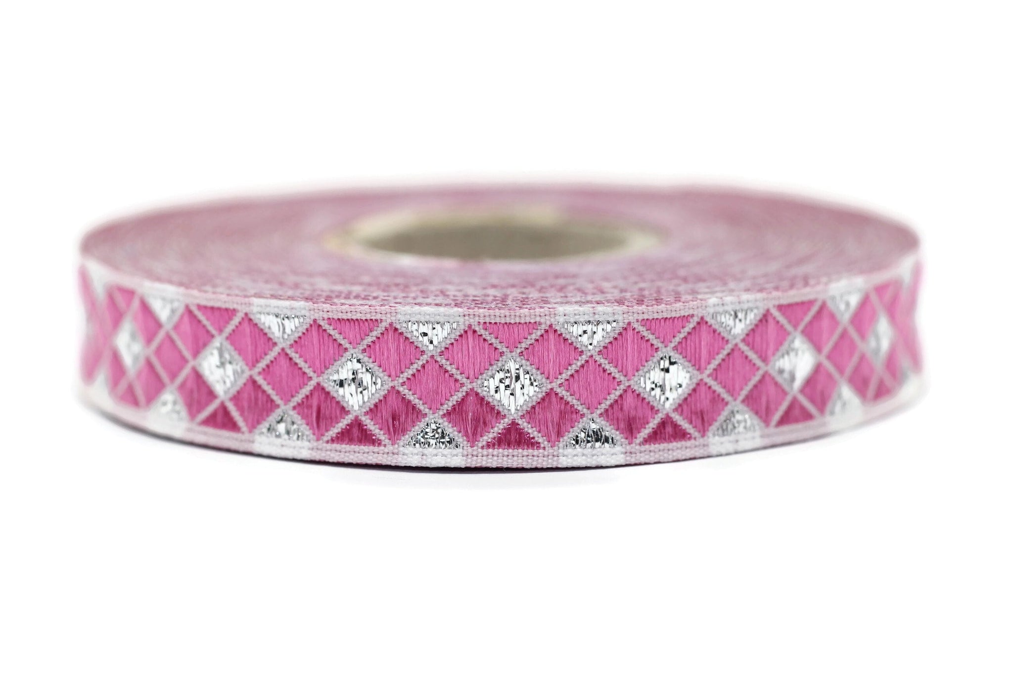 12 mm Pink Triangle Motive Jacquard border (0.47 inches), jacquard ribbons, silvery ribbon, french ribbon, Jacquard trim, 12251