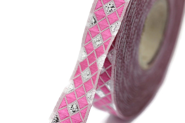 12 mm Pink Triangle Motive Jacquard border (0.47 inches), jacquard ribbons, silvery ribbon, french ribbon, Jacquard trim, 12251