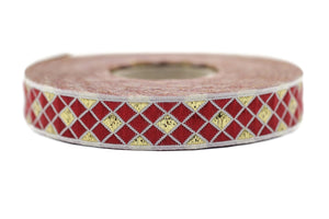 12 mm White Red Triangle Motive Jacquard border (0.47 inches), jacquard ribbon, ribbon, french ribbon, Jacquard trim, 12251