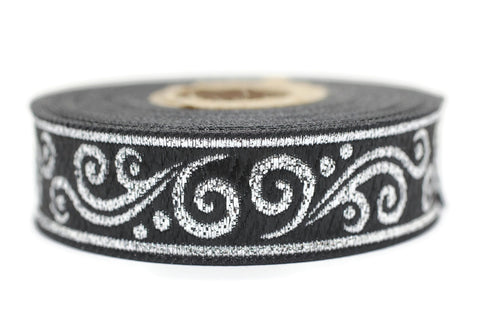 22 mm metallic Black/Silver jacquard ribbons 0.86 inch - Renaissance  embroidered trim -  woven trim - woven jacquards - woven border 22078