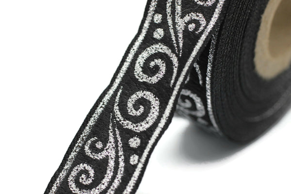 22 mm metallic Black/Silver jacquard ribbons 0.86 inch - Renaissance  embroidered trim -  woven trim - woven jacquards - woven border 22078