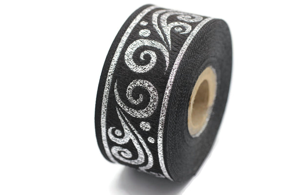 35 mm metallic Black/Silver jacquard ribbons 1.37 inch - Renaissance  embroidered trim -  woven trim - woven jacquards - woven border 35078