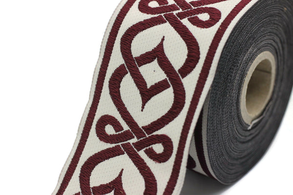 50 mm Claret Red Celtic Knot Ribbon (1.96 inch), Jacquard Trim, Jacquard Ribbon, Floral Embroidery, Decorating, Sewing Supplies, Decor 50972