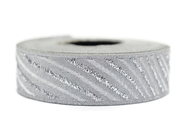 22 mm Silver/White Jacquard ribbons 0.86 inches, Wavy Jacquard trim, Sewing trim, Jacquard ribbons, woven ribbons, dog collars, 22340