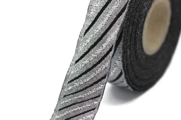 22 mm Silver/Black Jacquard ribbons 0.86 inches, Wavy Jacquard trim, Sewing trim, Jacquard ribbons, woven ribbons, dog collars, 22340