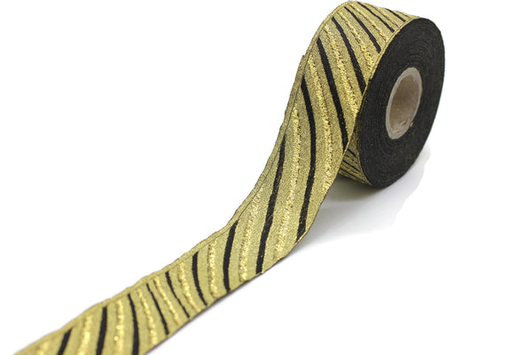 35 mm Gold/Black Jacquard ribbons 1.37 inches, Wavy Jacquard trim, Sewing trim, Jacquard ribbons, woven ribbons, dog collars, 35340