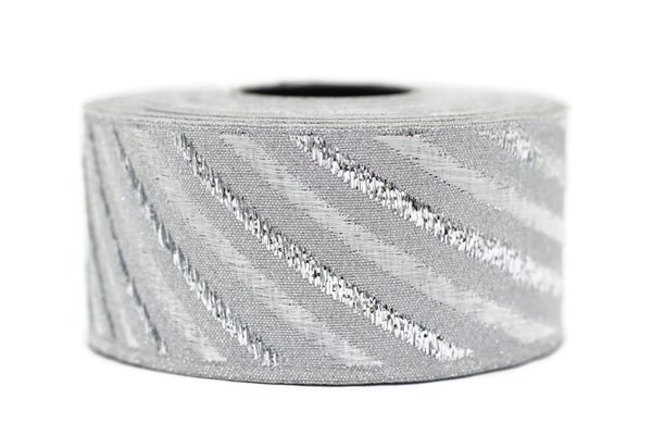 35 mm Silver/White Jacquard ribbons 1.37 inches, Wavy Jacquard trim, Sewing trim, Jacquard ribbons, woven ribbons, dog collars, 35340