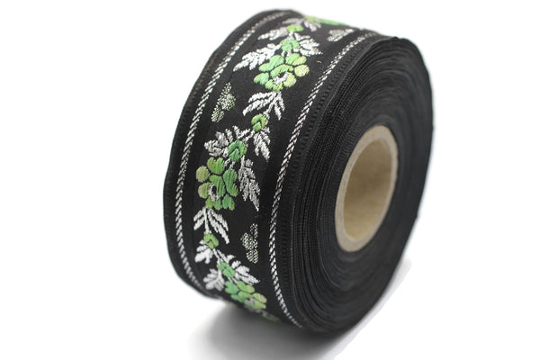 35 mm Black Front Green Floral Jacquard ribbons (1.37 inches), Jacquard trim, Balkans Decorative Ribbon, Sewing Trim, Collar Trim, 35011