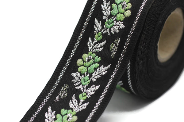 35 mm Black Front Green Floral Jacquard ribbons (1.37 inches), Jacquard trim, Balkans Decorative Ribbon, Sewing Trim, Collar Trim, 35011