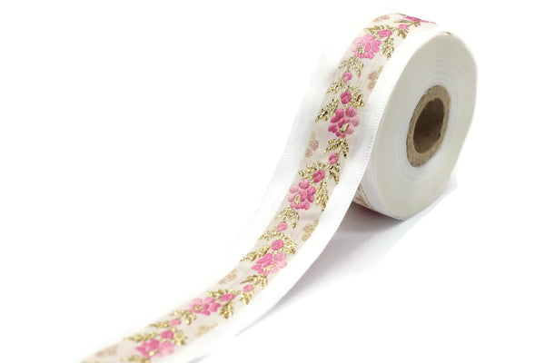 35 mm White Front Pink-Gold Floral Jacquard ribbon (1.37 inches), Jacquard trim, Balkans Decorative Ribbon, Sewing Trim, Collar Trim, 35011