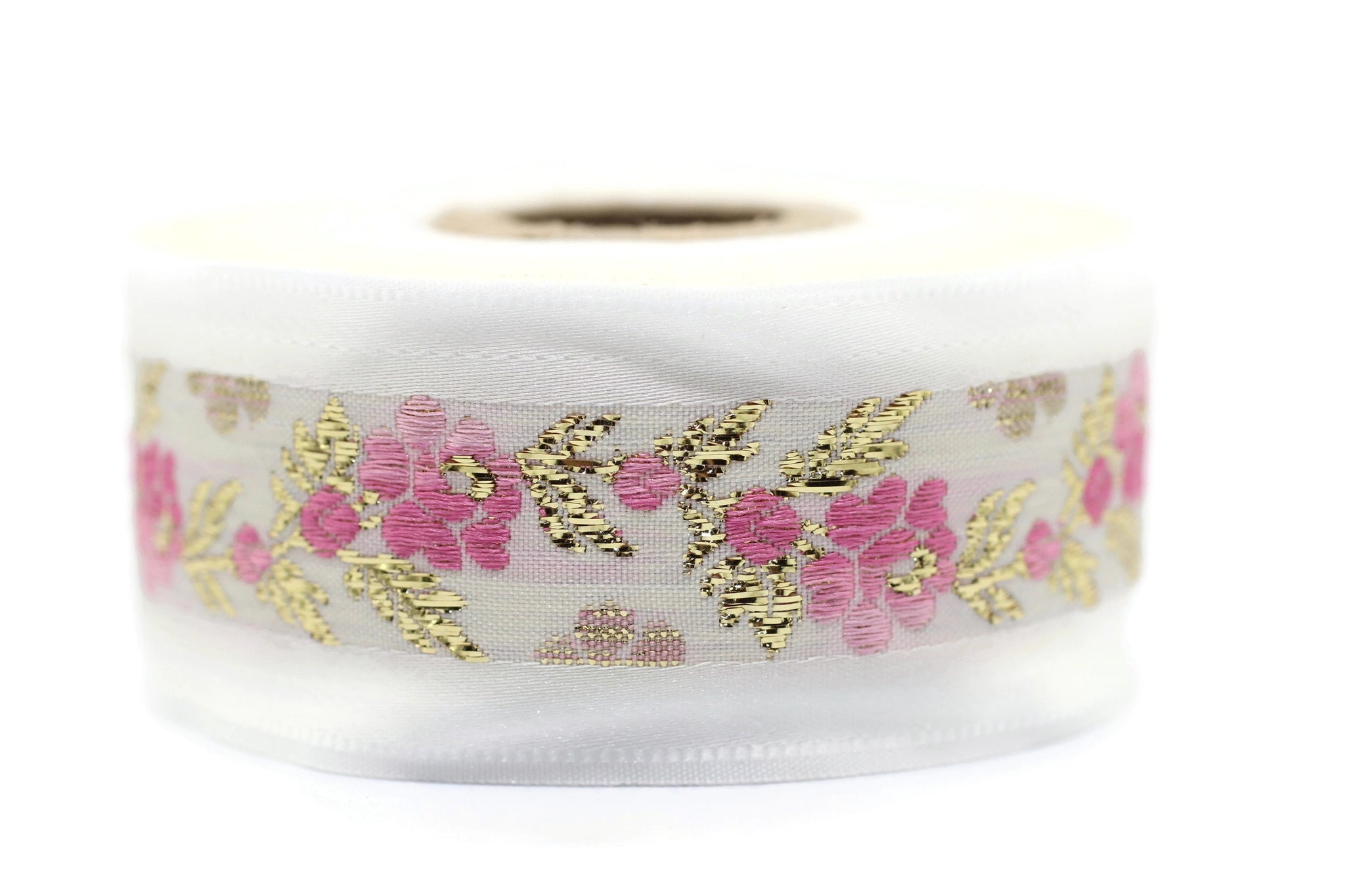 35 mm White Front Pink-Gold Floral Jacquard ribbon (1.37 inches), Jacquard trim, Balkans Decorative Ribbon, Sewing Trim, Collar Trim, 35011