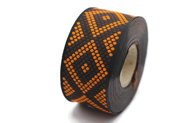 35 mm Orange/Black Metallic Ribbon, chevron trim,  jacquard trim, craft supplies, vintage trim, jacquard ribbon, Dog Collar Ribbon, 35305