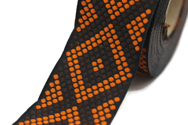 35 mm Orange/Black Metallic Ribbon, chevron trim,  jacquard trim, craft supplies, vintage trim, jacquard ribbon, Dog Collar Ribbon, 35305