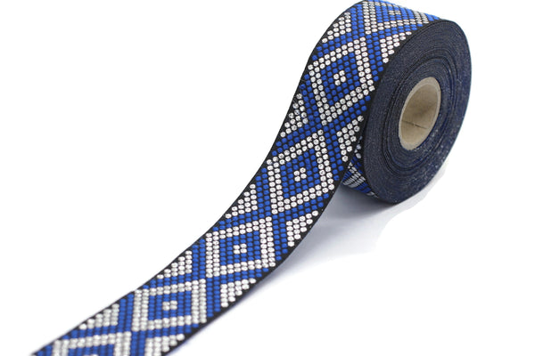 35 mm Blue/Silver Metallic Ribbon, jacquard ribbon trim, chevron trim,  jacquard trim, guitar ribbon, sewing supplies , vintage trim, 35305