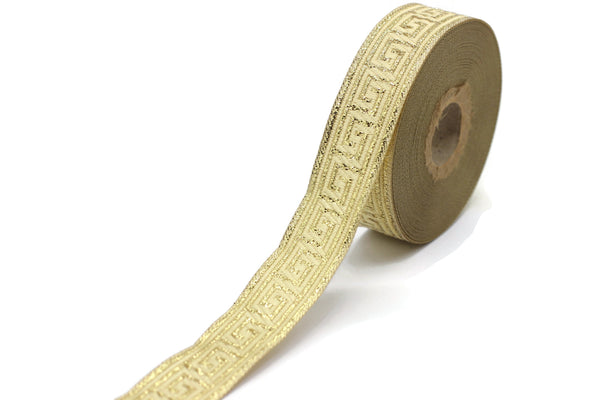 22 mm Golden Jacquard ribbons 0.86 inches, Greek key Jacquard trim, Sewing trim, Jacquard ribbons, woven ribbons, dog collars, 22062
