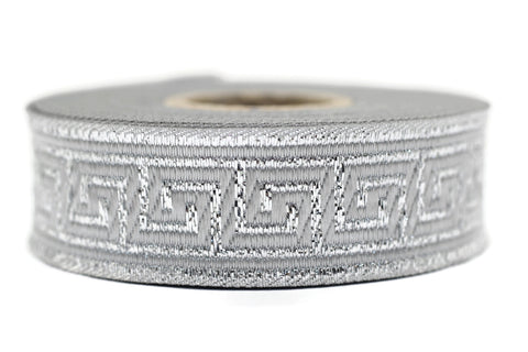 22 mm Silver Jacquard ribbons (0.86 inches, Greek key Jacquard trim, Sewing trim, geometric ribbon, dog collars, embroidered ribbon, 22062