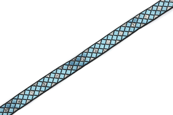 12 mm Blue Triangle Motive Jacquard border (0.47 inches), jacquard ribbon, silvery ribbon, french ribbon, Jacquard trim, 12251