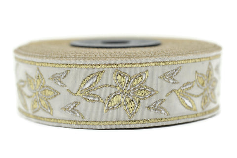 22 mm Gold Floral Jacquard ribbons (0.86 inches), Elegance Jacquard trim, Sewing trim, woven ribbons, dog collars, decorative ribbon, 22077