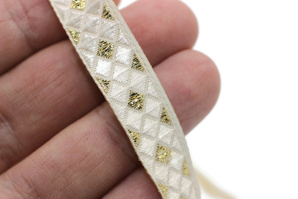 12 mm Golden Triangle Motive Jacquard border (0.47 inches), jacquard ribbon, silvery ribbon, french ribbon, Jacquard trim, 12251