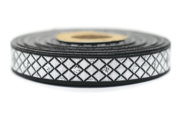12 mm Silver Triangle Motive Jacquard border (0.47 inches), jacquard ribbon, silvery ribbon, french ribbon, Jacquard trim, 12251