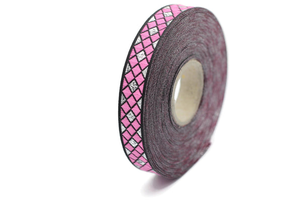 12 mm Pink Triangle Motive Jacquard border (0.47 inches), jacquard ribbon, silvery ribbon, french ribbon, Jacquard trim, 12251