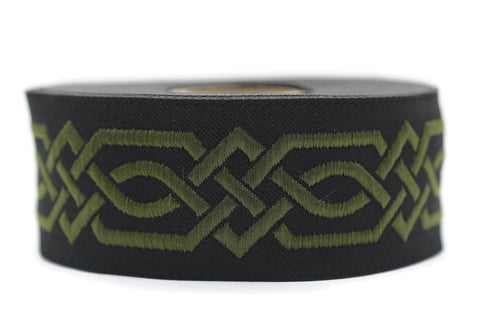 35 mm Olive Green-Black Celtic Claddagh 1.37 (inch) | Celtic Ribbon | Embroidered Woven Ribbon | Jacquard Ribbon | 35mm Wide | 35272