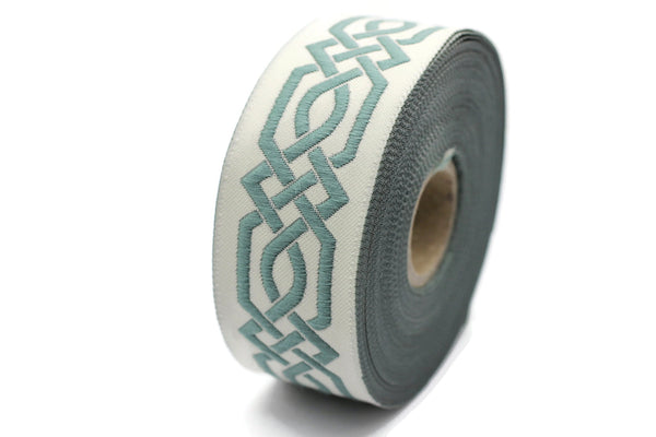 35 mm Turquoise-Beige Celtic Claddagh 1.37 (inch) | Celtic Ribbon | Embroidered Woven Ribbon | Jacquard Ribbon | 35mm Wide | 35272
