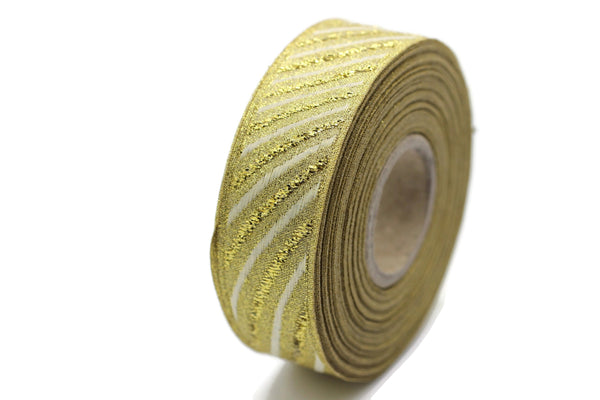 22 mm Gold/White Jacquard ribbons 0.86 inches, Wavy Jacquard trim, Sewing trim, Jacquard ribbons, woven ribbons, dog collars, 22340