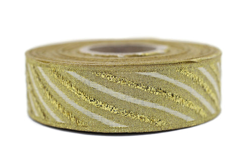 22 mm Gold/White Jacquard ribbons 0.86 inches, Wavy Jacquard trim, Sewing trim, Jacquard ribbons, woven ribbons, dog collars, 22340