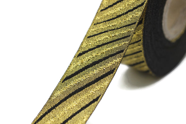 22 mm Gold/Black Jacquard ribbons 0.86 inches, Wavy Jacquard trim, Sewing trim, Jacquard ribbons, woven ribbons, dog collars, 22340