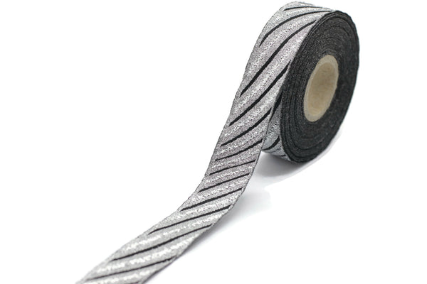 22 mm Silver/Black Jacquard ribbons 0.86 inches, Wavy Jacquard trim, Sewing trim, Jacquard ribbons, woven ribbons, dog collars, 22340