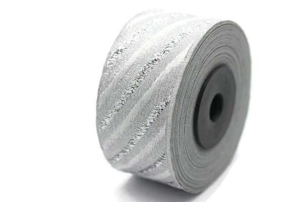 35 mm Silver/White Jacquard ribbons 1.37 inches, Wavy Jacquard trim, Sewing trim, Jacquard ribbons, woven ribbons, dog collars, 35340