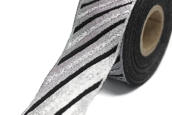 35 mm Silver/Black Jacquard ribbons 1.37 inches, Wavy Jacquard trim, Sewing trim, Jacquard ribbons, woven ribbons, dog collars, 35340