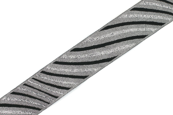 35 mm Silver/Black Jacquard ribbons 1.37 inches, Wavy Jacquard trim, Sewing trim, Jacquard ribbons, woven ribbons, dog collars, 35340