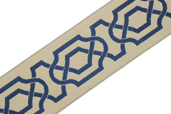 Beige-Blue 2.67 inch Embroidered Ribbons (68mm), Jacquard Trims, Sewing Trim, drapery trim, Curtain trims, trim for drapery, 173 V6