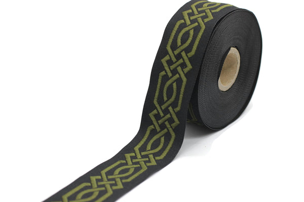 35 mm Olive Green-Black Celtic Claddagh 1.37 (inch) | Celtic Ribbon | Embroidered Woven Ribbon | Jacquard Ribbon | 35mm Wide | 35272