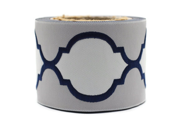 Gray - Navy Blue 68 mm Jacquard Ribbons (2.67 inch), Banding for your Drapery, Upholstery, Pillows, Home Decor, Drapery Trim Tape 186 V3