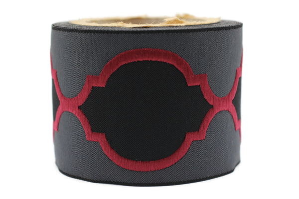 Red - Black 68 mm Jacquard Ribbons (2.67 inch), Banding for your Drapery, Upholstery, Pillows, Home Decor, Drapery Trim Tape 186 V9