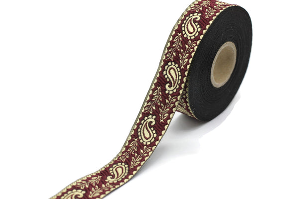 22 mm Claret Red Leaf Embroidered Jacquard Ribbon Trim(0.86 inch), Woven Border, Upholstery Fabric, Drapery Ribbon Trim Costume Design 22059
