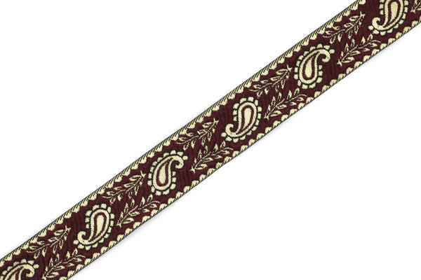 22 mm Claret Red Leaf Embroidered Jacquard Ribbon Trim(0.86 inch), Woven Border, Upholstery Fabric, Drapery Ribbon Trim Costume Design 22059