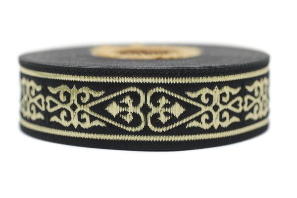 22 mm Black Gold Celtic Jacquard Ribbon (0.86 inches), Celtic Tapestry, Heart embroidered Jacquard trim, Upholstery Fabric 22068