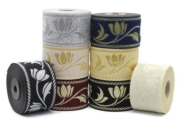 50 mm Silver Jacquard ribbons, Tulips ribbons 1.96 inches, Jacquard trim, Sewing trims, woven ribbons, embroidered ribbons, 50090